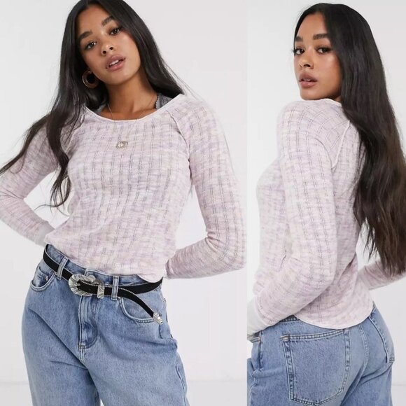 Free People Spaced Out Pink Purple Long Sleeve Sweater Knit ASOS Thumbholes XL - Picture 2 of 12